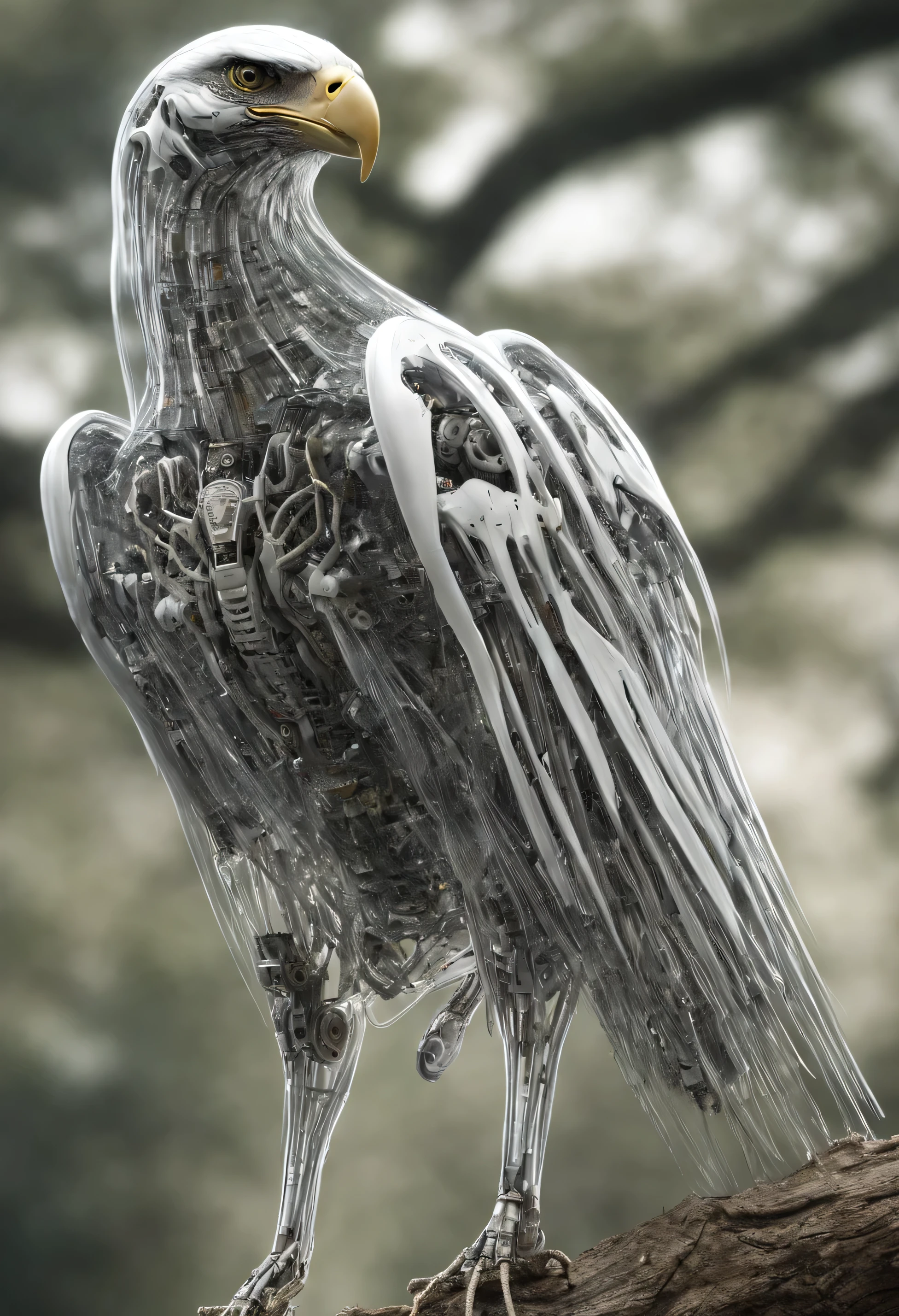 Robot eagle with transparent skin, whole body, White skeleton, rope, mainboard, on a branch, photo