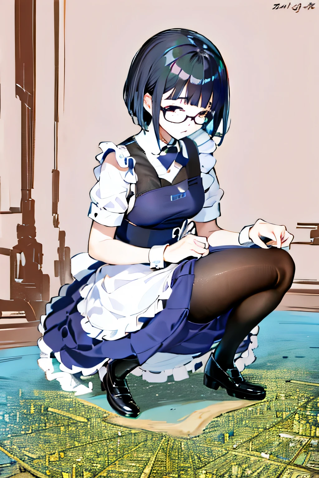 Giantの芸術, 非常に詳細なGiantショット, Giant, short hair, A maid that is much bigger than a skyscraper, wearing rimless glasses, big breasts, big ass, navy maid uniform, black pantyhose, black shoes, very small metropolis, miniature metropolis, squatting and urinating, full body description, ＧＴＳ, ギガGiant, Stomping City, crash city, Small town, micro city, maid, Pee, 