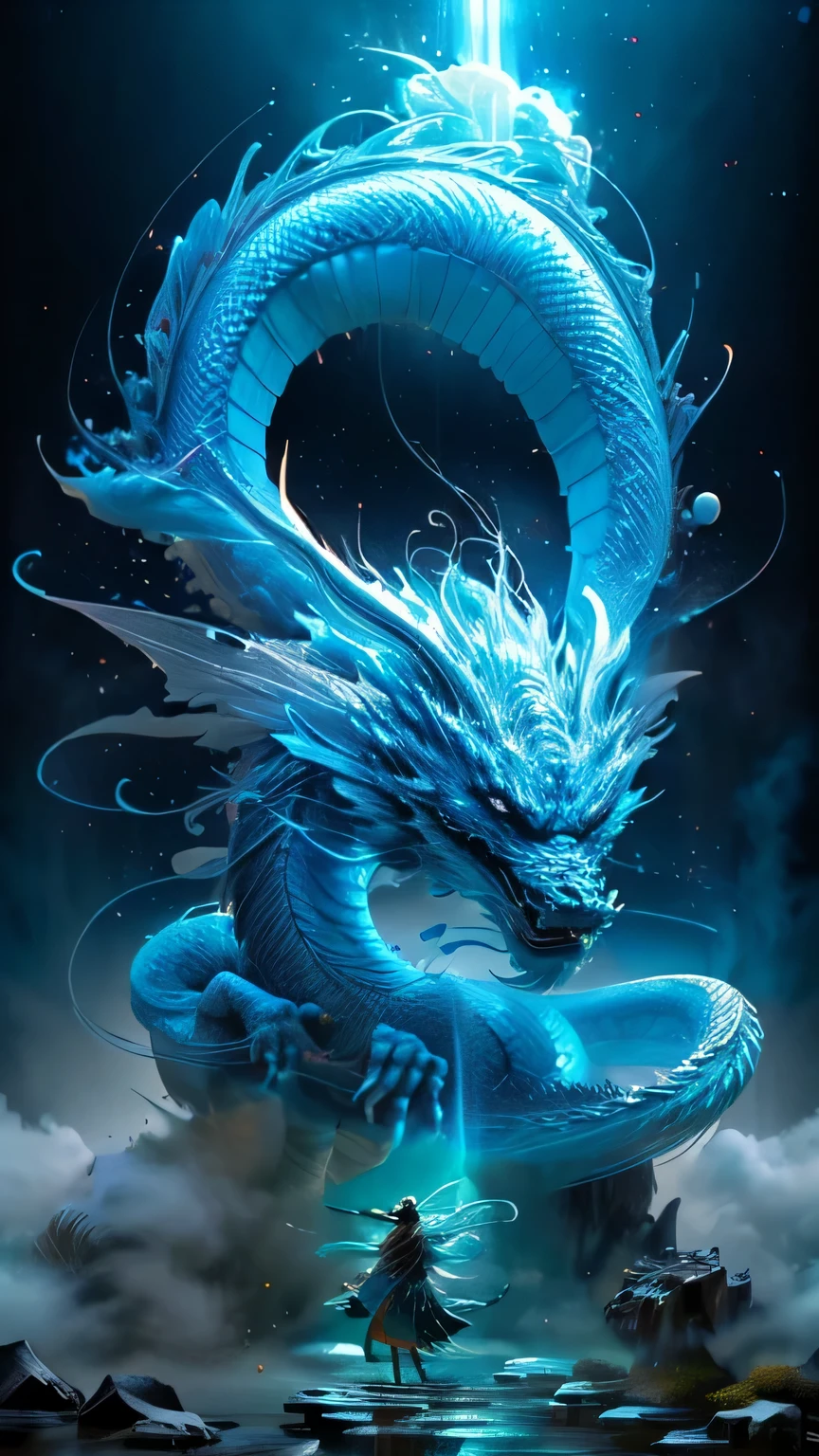 (original photo, best quality), (realistically, realistically: 1.3), NVIDIA RTX Ray Tracing, octane rendering, high resolution, extremely delicate and beautiful, amazing, detailed meticulous, masterpiece, Super detailed, higher, (Best Illustration), (best shade), A giant blue Chinese dragon, cloud, storm, Monte, Sun sunset, sharp focus, perfect, fantasy, grace, Very detailed, volumetric fog, 8k ultra high definition, digital SLR, high quality, (film particles: 1.4), 富士XT3, art station, 平滑且sharp focus, detailed, Winning photo, BLN-L24, touch, high contrast, lightning.
