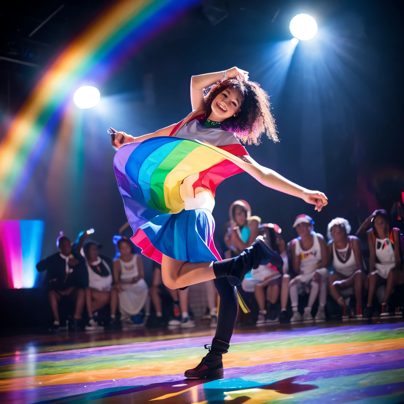 A girl is dancing in the rainbow