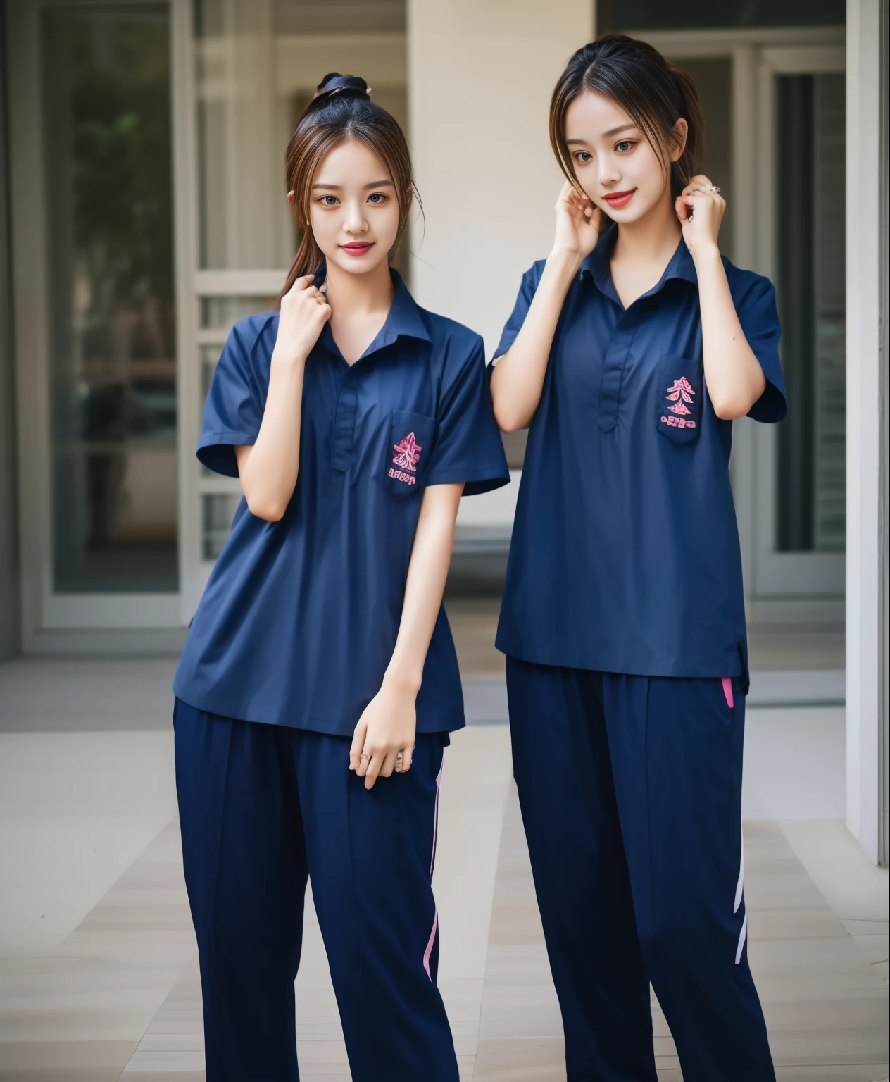 2 girls in school, Navy blue short-sleeved shirt,Navy Long Trackpant,Sweatpants, Sweatpantsขายาว,25 year old girl, lesbian, sexy, exercise clothes, wet body