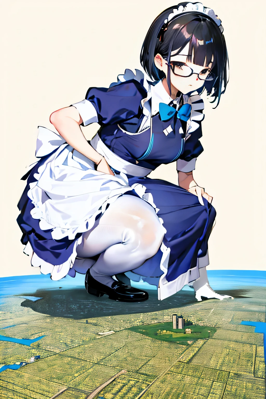 Giantの芸術, 非常に詳細なGiantショット, Giant, short hair, A maid that is much bigger than a skyscraper, wearing rimless glasses, big breasts, big ass, navy maid uniform, black pantyhose, black shoes, very small metropolis, miniature metropolis, squatting and urinating, full body description, ＧＴＳ, ギガGiant, Stomping City, crash city, Small town, micro city, maid, Pee, 