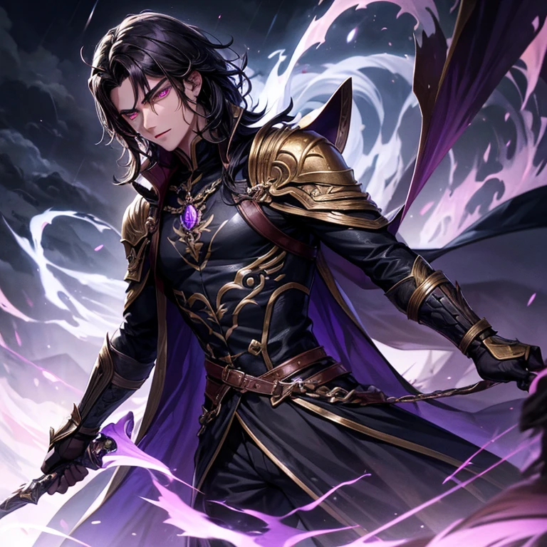 A young man. He has shoulder length dark hair in a wolfcut with glowing eyes. He is a demon king, and the bringer of storms. He has piercing violet eyes.