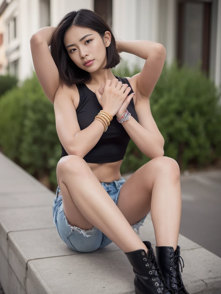 Dslr photo, (extraarms:1.2), (8k, 4k, masterpiece),beautiful pretty filipina asian woman, punk, outdoors, street, sleeveless black cropped shirt, bare midriff, short dark hair, bracelets, arm bands, blurry background, (upper hands on head), (lower hands on ankles), (lower hands on legs), boots, full subject in frame, full body view, sitting on bench, facing viewer, (extraarms:1.2), (four arms), slim body