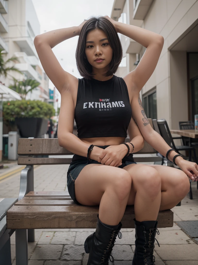 Dslr photo, (extraarms:1.2), (8k, 4k, masterpiece),beautiful pretty filipina asian woman, punk, outdoors, street, sleeveless black cropped shirt, short dark hair, bracelets, arm bands, blurry background, (upper hands on head), (lower hands on ankles), (lower hands on legs), boots, full subject in frame, full body view, sitting on bench, facing viewer, (extraarms:1.2), (four arms), slim body
