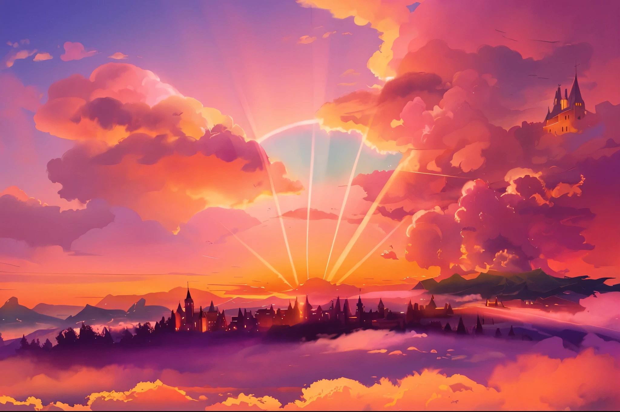 there is a picture of a castle in the sky with clouds, on the ground there is a village with a church and houses, background artwork, fluffy pink anime clouds, Dawn Background, background art, atmospheric. Digital painting, sunset illustration, soft Digital painting, Sunrise background, anime landscape, sunset background, sunset!, Pink fog background, golden hour background, Blurry and dreamy illustration, Twilight ; in soft light pink tones, Digital painting, vaporwave sunset, Oil painting