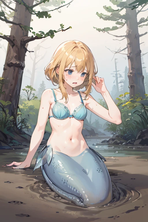 mermaid、blue scales、small breasts、bra、naked、lower body sinks、I can't see my lower body、my hands sink、ocher quicksand、Sweat、struggle、panic、forest