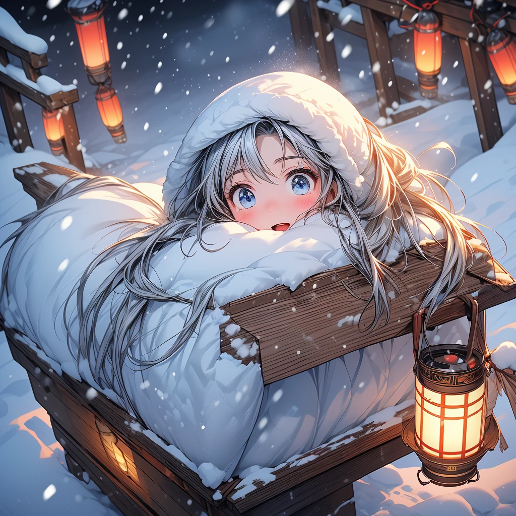 masterpiece, high-quality, high-definition, high-resolution, anime style, warm color palette, (Angle looking down from diagonally above, top view), full body, emitting cold air, delivery person, bright lighting, freezing surroundings, (a japanese girl is holding a large cardboard snow lantern in her hand, emitting cold air pose, (Cold air is leaking from the snow lantern):1.4), calm and serious facial features, tense expression, hooded hairstyle, black hair color, (wears warm winter kimono), slightly open mouth, deep blue eyes, translucent skin texture, exposed face and hands, average bust size, medium build, (carrying a frozen snow lantern:1.4), sturdy winter boots, fashionable embroidery, frozen small animals around, snow frozen doorstep, snow winter landscape, swirling ice crystals, recipient's home structure, snowy elements, cold winter with snow weather, daytime, freezing atmosphere, (Background is richly drawn and delicate),