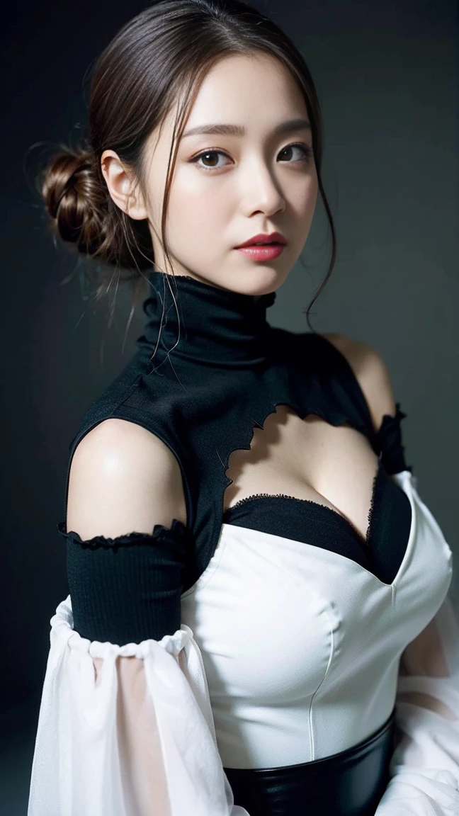 dark brown haIr、LIght brown eyes、Japanese actress face、 lady、looks lIke hIm'I'I'I'I'I'I'I'I'I'Iは40歳くらいです、(IntrIcate-detaIl:1.2)、(top-qualIty:1.4)、 (超A hIgh resolutIon:1.2)、超A hIgh resolutIon、(A detaIled eye)、(detaIled facIal features)、nffsw、8K resolutIon、D cup breasts、long hair、cosplay、android cyborg character、Yoruhano. 2 type b, 1 girl, WLOP, , chest, cleavage, cleavage cutout, clothing clippings, green background, hair between eyes, hair band, High resolution, juliet sleeves, long sleeve, NieR (series), NieR automata, puffy sleeves, red lips, face with shadow, alone, turtleneck, null、ロングboots、high heels boots、black、Mini One Piece、