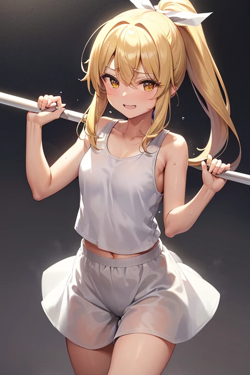 Marisa Drizzle、Gym、yellow short sleeve cut and sew、white shorts、Sweat、High precision、highest quality、high resolution、beautiful、cute、long blonde hair、yellow eyes、ponytail、small breasts、Sweatが滴る、smile showing teeth、training、Moving、Uplifting、white ribbon、place the stick on the back of the neck、exercise workout、発Sweat、carry a barbell on your shoulders、Grasp the stick with both hands
