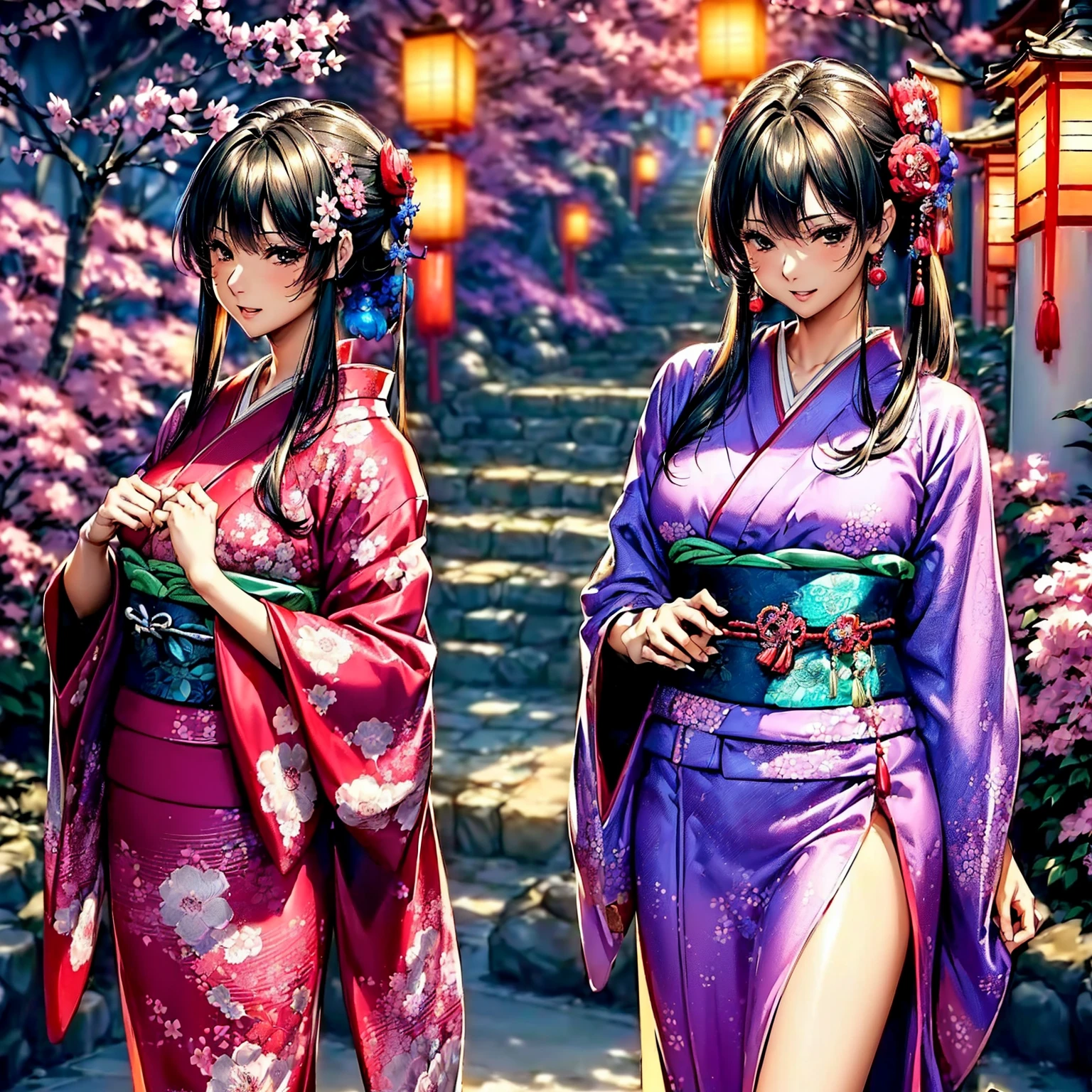 (((highest quality、masterpiece、very high resolution、ultra high resolution))),((A beautiful woman with perfect and ultimate beauty,beautiful body:beautiful face:beautiful skin:beautiful breasts)),(Cute smile,open your mouth,),(beautiful black hair:Japanese hair,best hair quality),(beautiful breasts:F cup,Best skin quality),(((wearing a beautiful Japanese kimono:red:Purple:black color:pink color:blue,floral kimono))),(Posture that shows off your kimono,The wind is blowing:Kimono and hair flowing、Japanese garden:Night cherry blossoms and lanterns、mysterious night sky、beautiful scenery)、(best shot,RAW photo:model pose,model shoot),(Overall image、accurate image、Detailed images、accurate anatomy、Image without defects、natural light、beautiful images、非常にDetailed images、Perfect Image 1.5)、beautiful anime woman、beautiful art style、anime character、