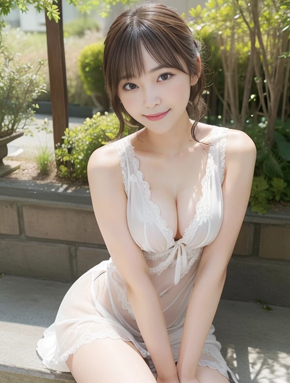 NFSW,In 8K,highest quality:1.4, Super high resolution:1.5, (realistic:1.4),masterpiece:1.2,(highest quality:1.4)、 RAW photo、 (background is blurry), 1 japanese girl, cute, (alone:1.4), (shy smile), smooth skin、 short hair,supple fingertips,beautiful black eyes、dual、natural skin texture:1.3, Realistic eye and face details:1.7、medium breasts、daytime、tight buttocks:1.5、look at the viewer,(fine eyes:1.1)、cute、negligee、beautiful legs、thighs、I can see your chest