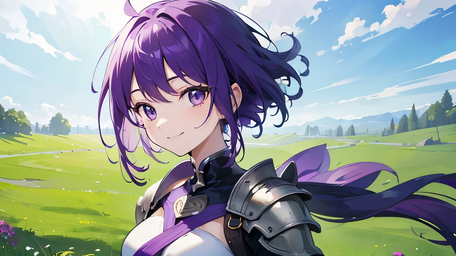 (T Masterpiece,4k wallpaper,best quality))、((girl1people))、(solo)、Brilliant,(purple hair)、(shortcut:1.3)、smile、Upper body、grassland、Princess、armor