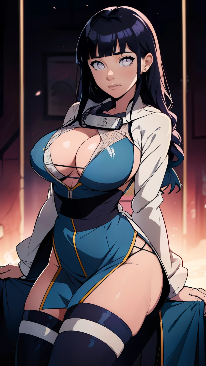 Hinata Hyûga mesure environ 160 centimètres. yeux nacrés ,ses cheveux noirs Raides , coupe avec frange, qui atteignent la longueur de ses épaules, teint pâle , Qipao bleu, collants noirs, couettes.