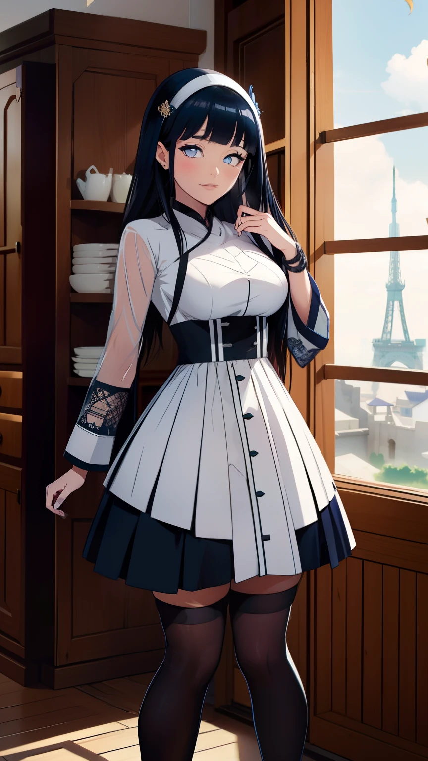 Hinata Hyûga mesure environ 160 centimètres. yeux nacrés ,ses cheveux noirs Raides , coupe avec frange, qui atteignent la longueur de ses épaules, teint pâle ,
qipao bleu à manches courtes avec des motifs dorés, collants noirs, bottes à talons hauts, bracelets de poignet et coiffures en macarons, créant une apparence distinctive alliant grâce et puissance.