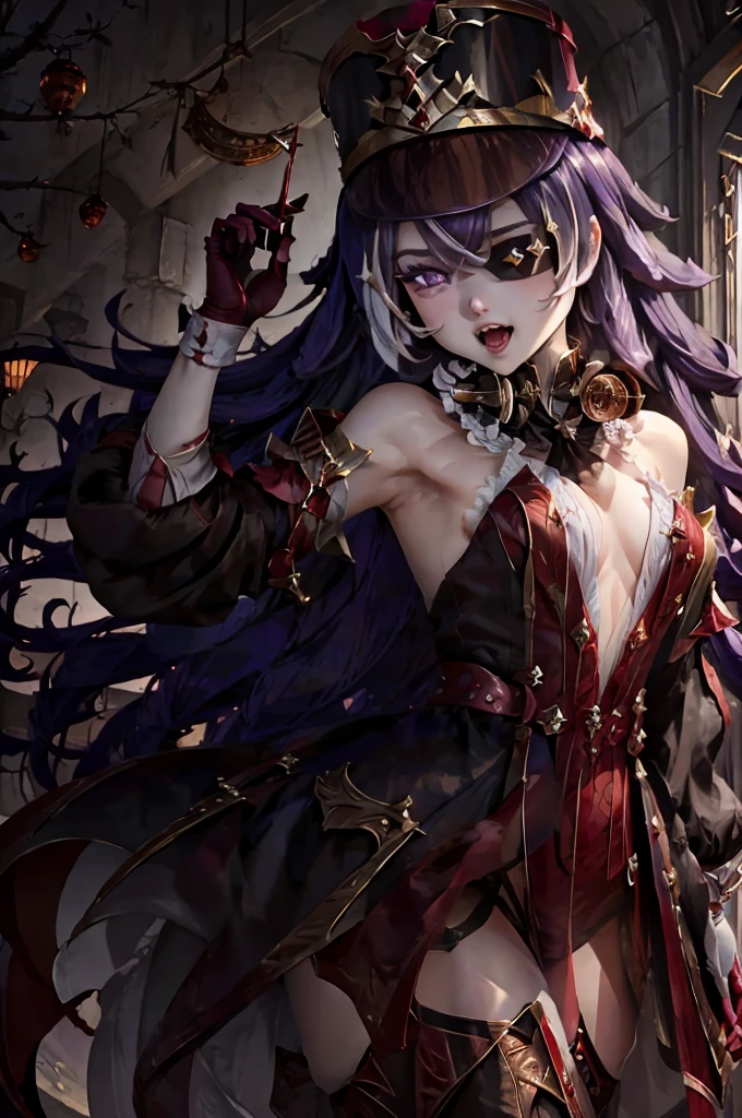 Vampire Girl , Masterpiece, ,(独奏:1.1), a perfect face, (vivid lighting:1.2),beautiful detail eyes, extremely detailed face, perfect lighting,Masterpiece, Best Quality, 1girl, pale skin, hairlong, 20years old , red eyes, fangs, A glass of blood in his hand, Complex hairstyle, vampire fangs, open mouth, sharp teeth, vampire fangs, in full height , seductive position,((masterpiece,best quality)), 1girl, chevreuse, shako cap, eyepatch, detached sleeves, gloves, black pantyhose, thigh boots, smile