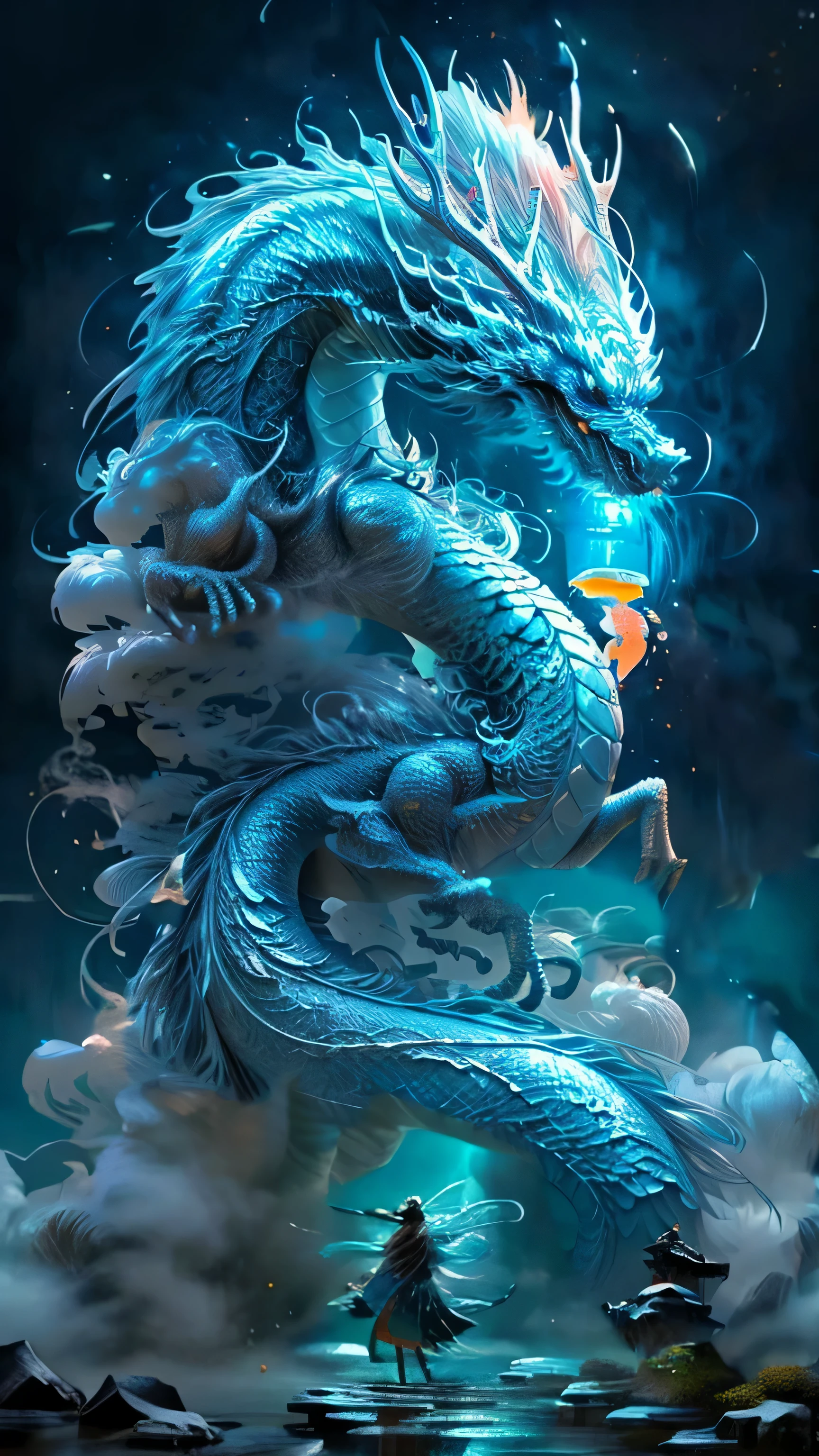 (original photo, best quality), (realistically, realistically: 1.3), NVIDIA RTX Ray Tracing, octane rendering, high resolution, extremely delicate and beautiful, amazing, detailed meticulous, masterpiece, Super detailed, higher, (Best Illustration), (best shade), complicated, In front of a huge blue Chinese dragon, (drank: 1.4), cloud, storm, Monte, Sun sunset, sharp focus, Perfect synthesis, absurd, fantasy, complicated, grace, Very detailed, volumetric fog, 8k ultra high definition, digital SLR, high quality, (film particles: 1.4), 富士XT3, art station, 平滑且sharp focus, detailed, Winning photo, BLN-L24, touch, high contrast, lightning.
