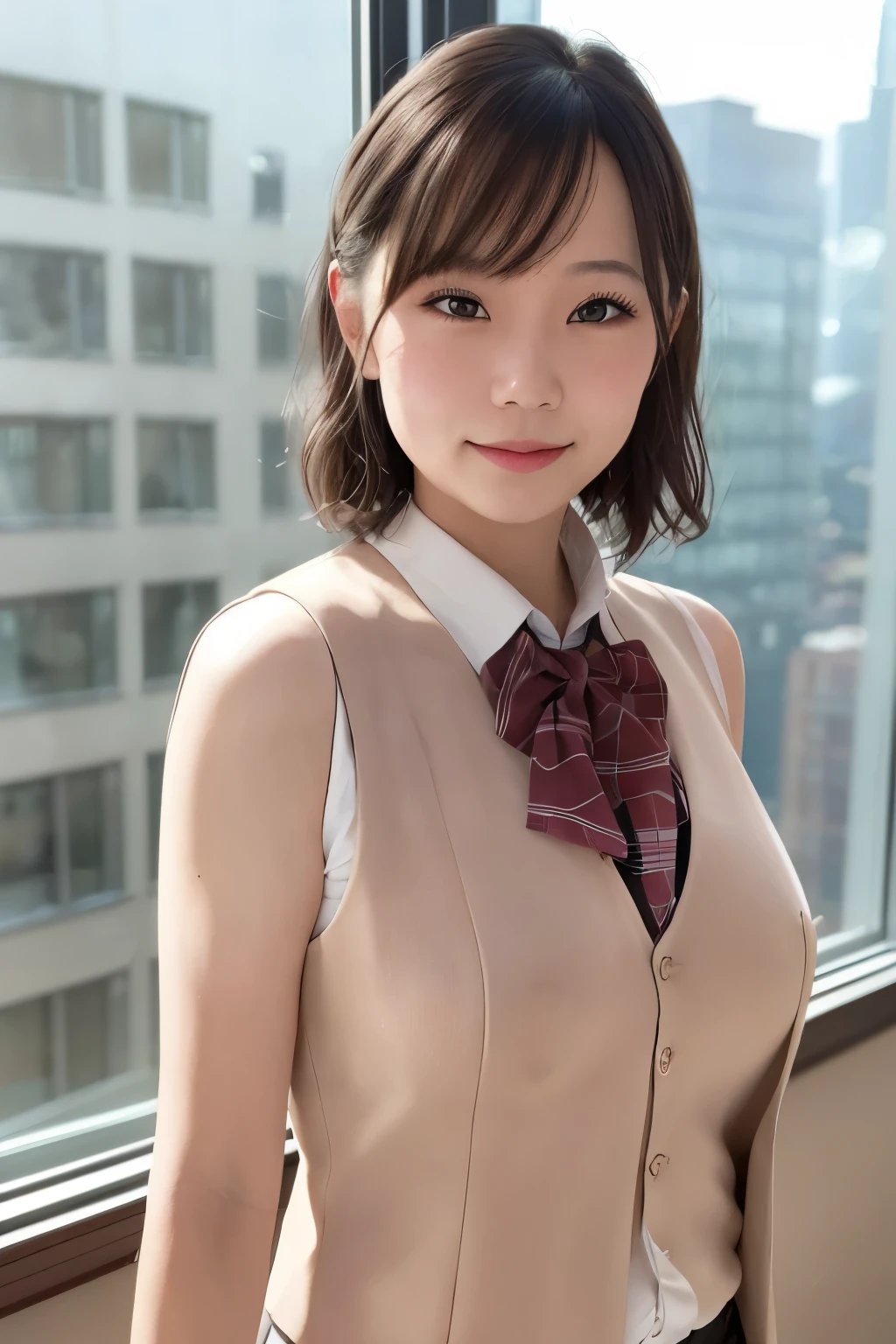 1girl, matured female, vest, bow, photo, realistic, best quality, hires, detailed face, office, buildings from window, detailed background, diffused sunlight, depth of field, bokeh. No clothes full body big bobbs 