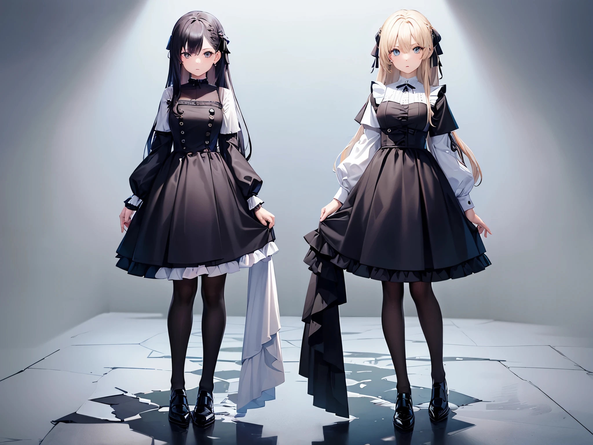 female twins, masterpiece, different hair styles, different hair colors, different eye colors, different outfits, stand side by side,