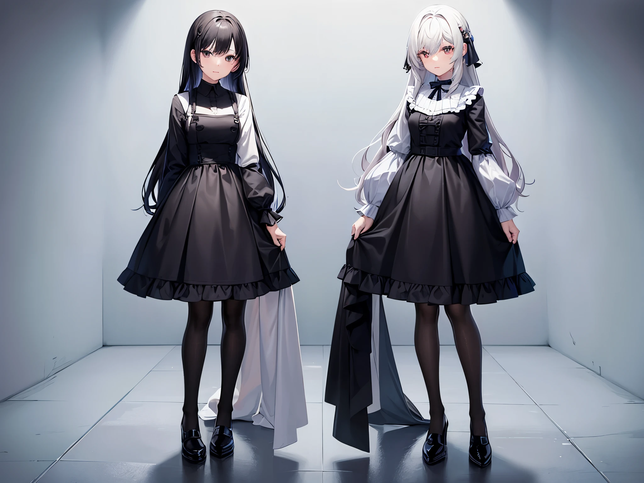 female twins, masterpiece, different hair styles, different hair colors, different eye colors, different outfits, stand side by side,