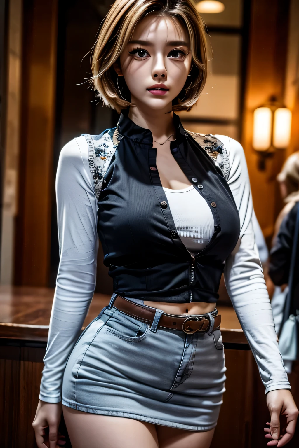 android 18, android 18, blonde hair, blue eyes, eyelash, hoop earrings, short hair, earrings, break belt, black legwear, black shirt, red tight mini skirt, jewelry, long sleeve, pocket, shirt, shirt tucked in, skirt, striped, striped sleeves, waistcoat,, break outdoors, city, null, cloud, sun, break looking at viewer, (cowboy shot:1.5), break (masterpiece:1.2), highest quality, High resolution, unity 8k wallpaper, (figure:0.8), (beautiful and fine eyes:1.6), highly detailed face, perfect lighting, Very detailed CG, (perfect hands, perfect anatomy)