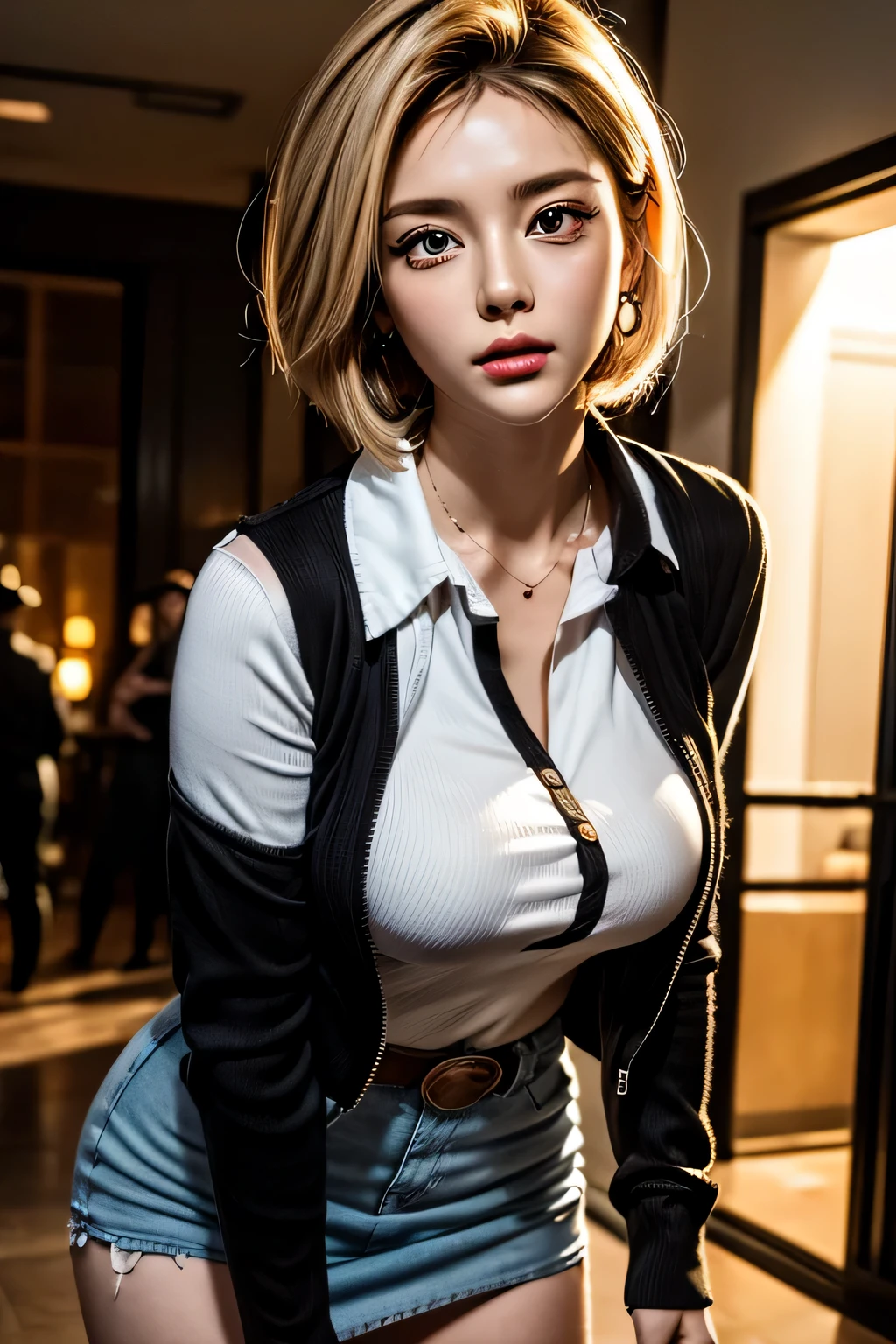 android 18, android 18, blonde hair, blue eyes, eyelash, hoop earrings, short hair, earrings, break belt, black legwear, black shirt, red tight mini skirt, jewelry, long sleeve, pocket, shirt, shirt tucked in, skirt, striped, striped sleeves, waistcoat,, break outdoors, city, null, cloud, sun, break looking at viewer, (cowboy shot:1.5), break (masterpiece:1.2), highest quality, High resolution, unity 8k wallpaper, (figure:0.8), (beautiful and fine eyes:1.6), highly detailed face, perfect lighting, Very detailed CG, (perfect hands, perfect anatomy)