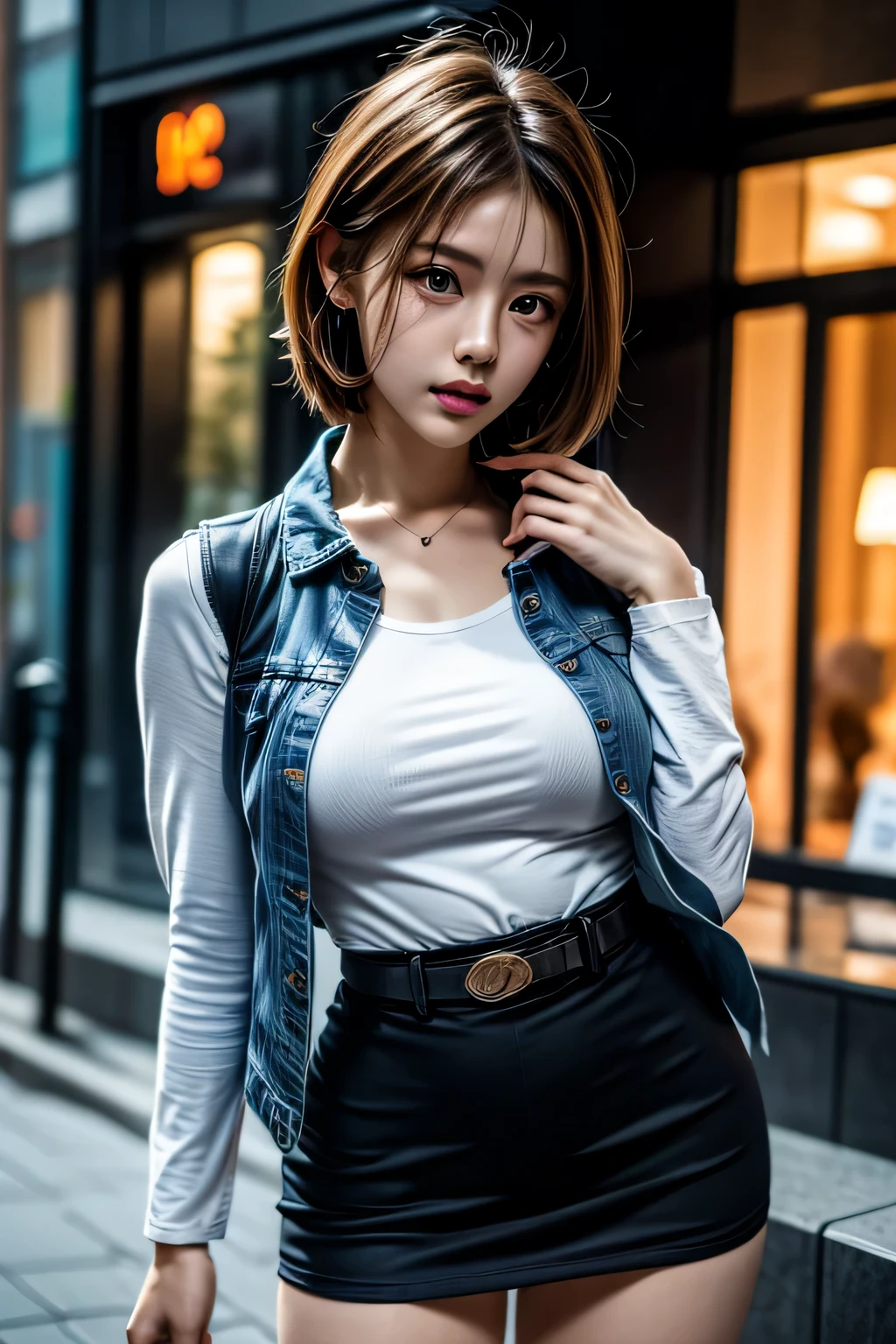 android 18, android 18, blonde hair, blue eyes, eyelash, hoop earrings, short hair, earrings, break belt, black legwear, black shirt, red tight mini skirt, jewelry, long sleeve, pocket, shirt, shirt tucked in, skirt, striped, striped sleeves, waistcoat,, break outdoors, city, null, cloud, sun, break looking at viewer, (cowboy shot:1.5), break (masterpiece:1.2), highest quality, High resolution, unity 8k wallpaper, (figure:0.8), (beautiful and fine eyes:1.6), highly detailed face, perfect lighting, Very detailed CG, (perfect hands, perfect anatomy)