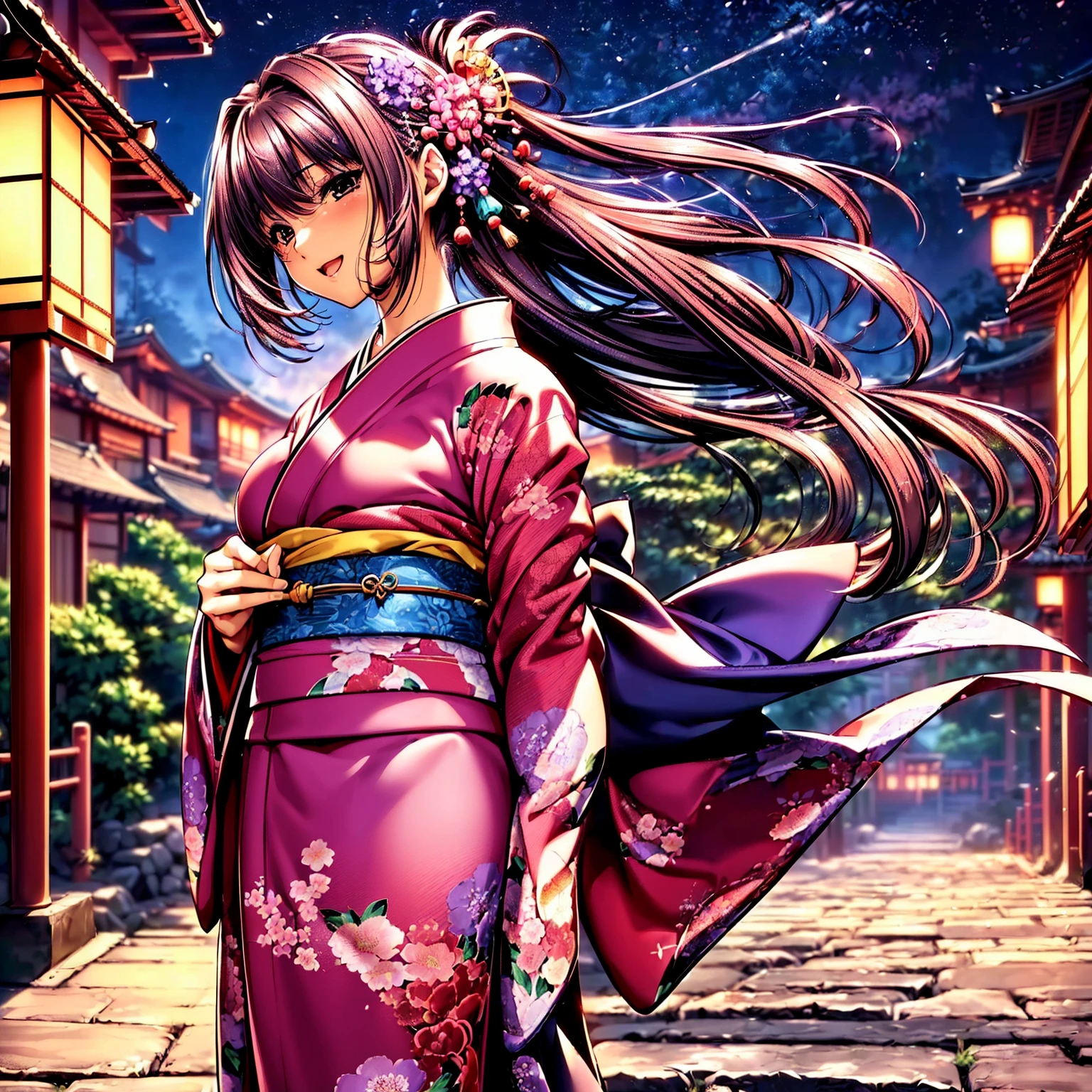 (((highest quality、masterpiece、very high resolution、ultra high resolution))),((A beautiful woman with perfect and ultimate beauty,beautiful body:beautiful face:beautiful skin:beautiful breasts)),(Cute smile,open your mouth,),(beautiful black hair:Japanese hair,best hair quality),(beautiful breasts:F cup,Best skin quality),(((wearing a beautiful Japanese kimono:red:Purple:black color:pink color:blue,floral kimono))),(front:Posture that shows off your kimono,The wind is blowing:Kimono and hair flowing、Japanese garden:Night cherry blossoms and lanterns、mysterious night sky、beautiful scenery)、(model pose,model shoot:best shot,RAW photo),(Overall image、accurate image、Detailed images、accurate anatomy、Image without defects、natural light、beautiful images、非常にDetailed images、Perfect Image 1.5)、beautiful anime woman、beautiful art style、anime character、