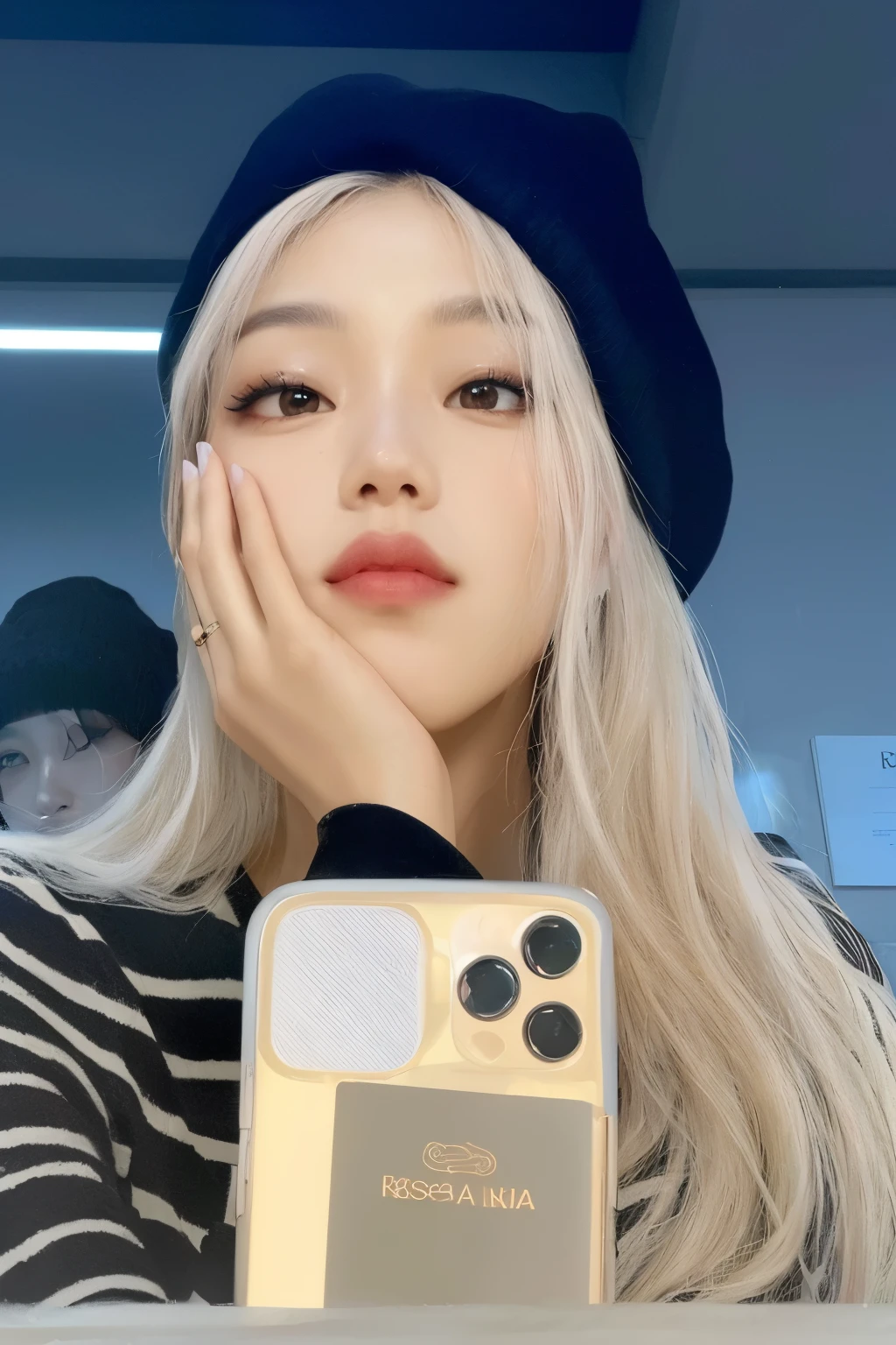 um close de uma pessoa segurando um telefone celular perto de um espelho, roseanne park of rosa negra, jossi of rosa negra, portrait of jossi of rosa negra, lalisa manoban of rosa negra, Lalisa Manobal, rosa negra jennie, her hair is white, jisoo from rosa negra, jisoo of rosa negra, Ulzzang, rosa negra, Jimin\the full lips