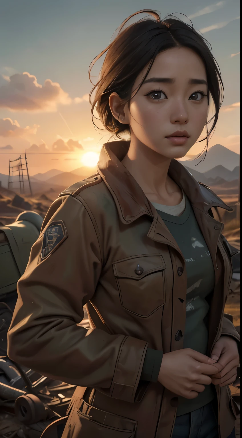 Foto hiperrealista en primer plano de Kim Joo from Korea, masterpiece, best quality, (photorealistic:1.4), Create dystopian masterpieces. Depict a rural landscape in the rugged style of the game's concept art. This work should evoke a sense of abandonment and despair in a futuristic, post-apocalyptic world. Notice the intricacies of detail, the sharp focus.