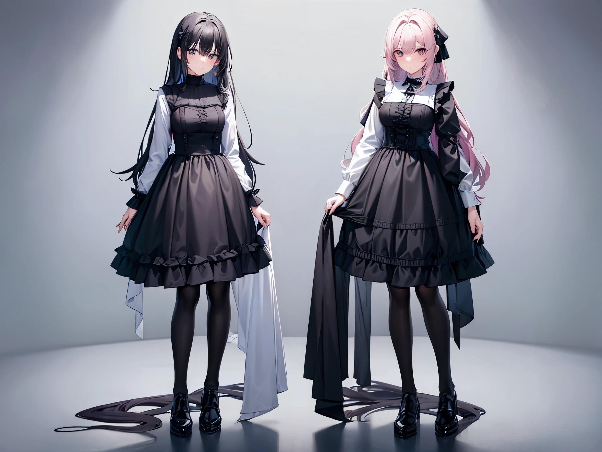 female twins, masterpiece, different hair styles, different hair colors, different eye colors, different outfits, stand side by side,