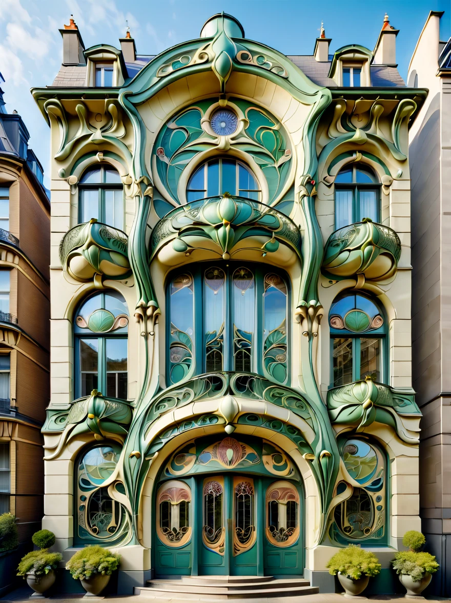 Create an image showcasing the exterior of a building adorned in Art Nouveau style. The building should exhibit characteristic features of Art Nouveau, including flowing, organic lines, floral and plant-like motifs, and elegant, curving forms. The facade should be ornate, with intricate details and a harmonious blend of architectural elements and decorative art. The building could have large, stylized windows and doors, along with decorative panels and sculptures that embody the natural, organic essence of Art Nouveau. The overall image should capture the artistic and aesthetic beauty of this architectural style.