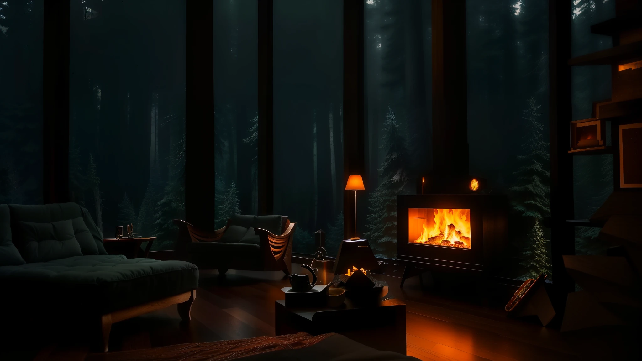 Cabin in the woods. It's raining outside. Oak Flooring. the room faces the forest. Cubism style. High ceilings. Elegant design and decoration. The rooms are thoughtfully arranged and positioned in a minimalist, symmetrical atmosphere. Tapestry of imagination. nostalgia with a dash of unique charm. Shot with Pentax.