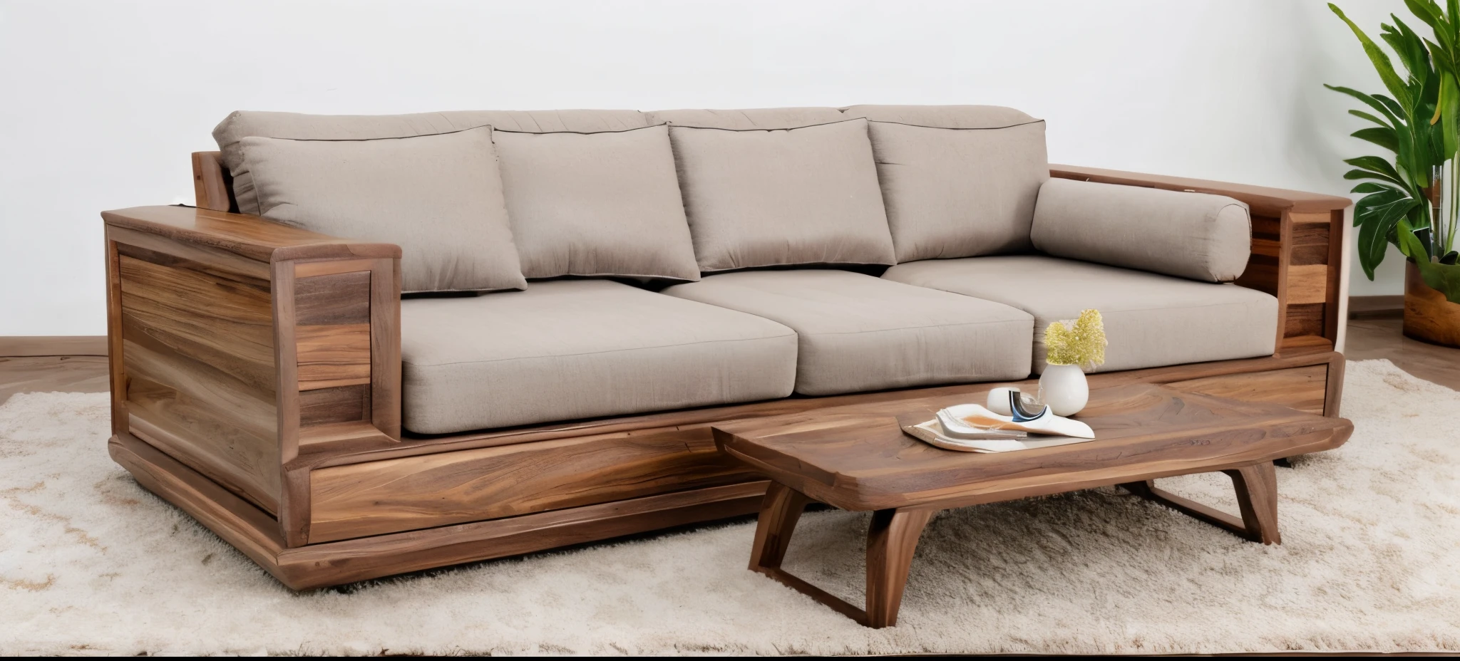 realistic photo of sofa, walnut wooden furniture,