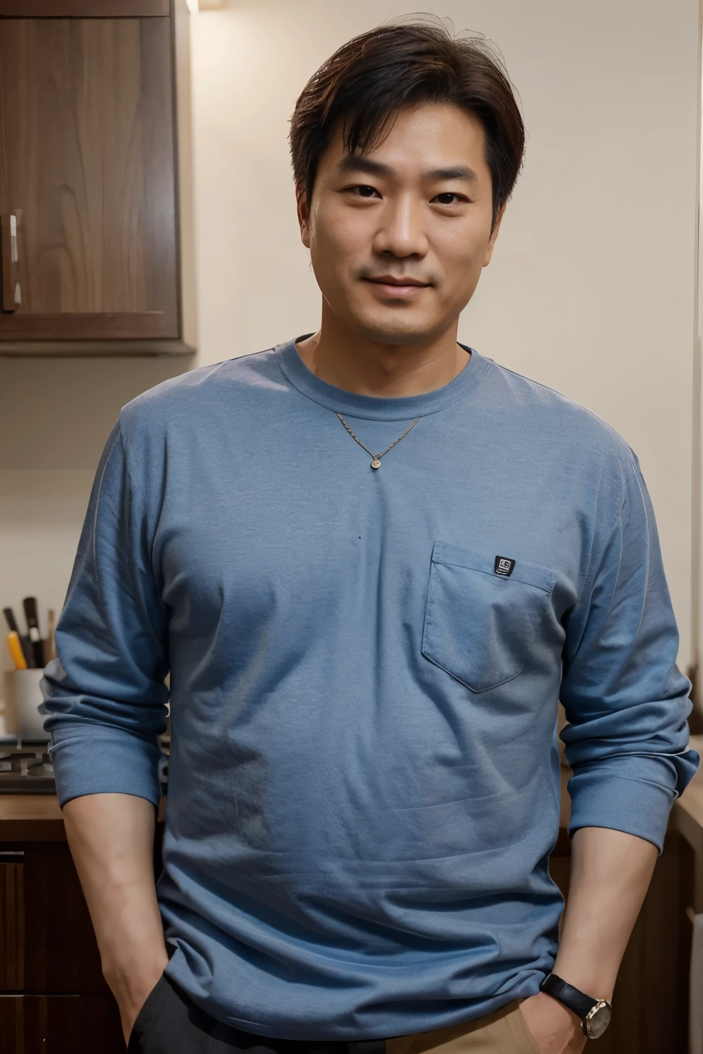 Draw a Korean middle-aged man with a vibe commonly seen in product reviews. Portray him facing forward with a slight smile. please wear the shirts not shirts. and background is white
