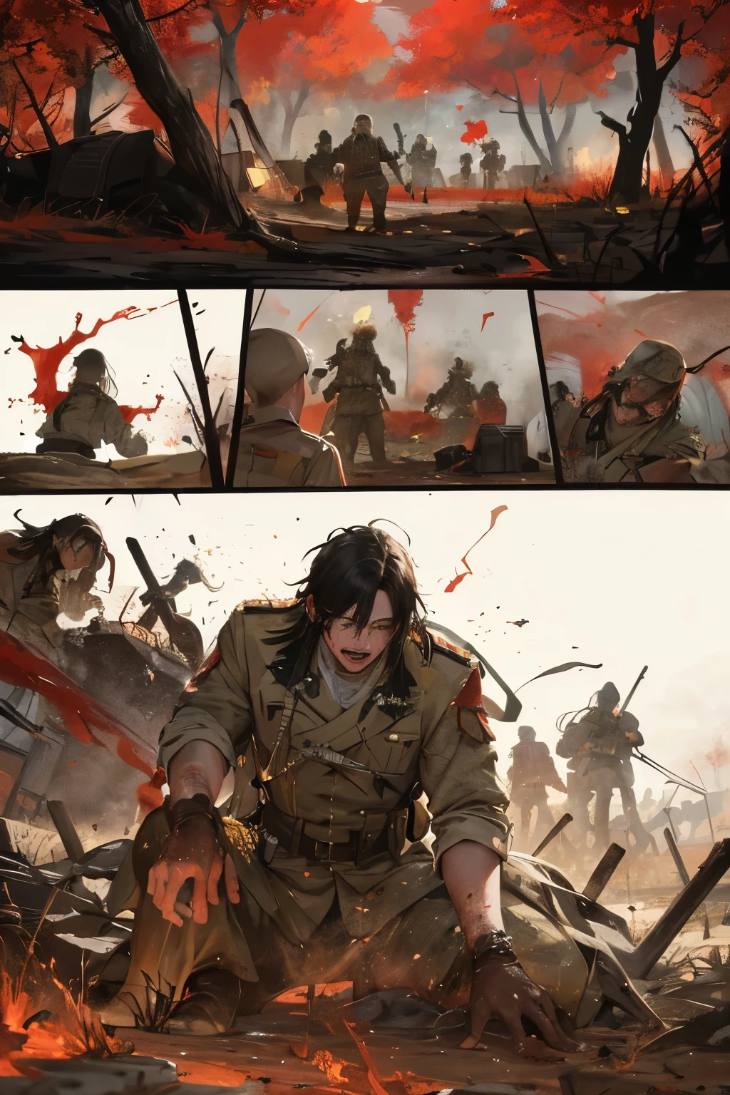 Main characters: Soldiers, weary and battle-scarred, returning to the Shuhan military camp after a grueling battle qué Jiang Wei: A once steadfast soldier, now overcome with an inexplicable madness Scene of biting the corpse of a colleague: Amidst the chaos and carnage, a shocking and grotesque act occurs near the heart of the camp Atmosphere in the Shuhan military camp or near the battlefield: The scene is a vivid tapestry of horror, with a sea of red from spilled blood, the ground trembling underfoot, and the soldiers' confused and terrified expressions etched onto their faces in stark relief, the once order