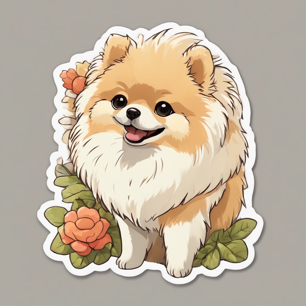 A cute pomeranian dog, ghibli animation style, japanese animation style, sticker, fluffy pomeranian, medium details, simple design, flower decor