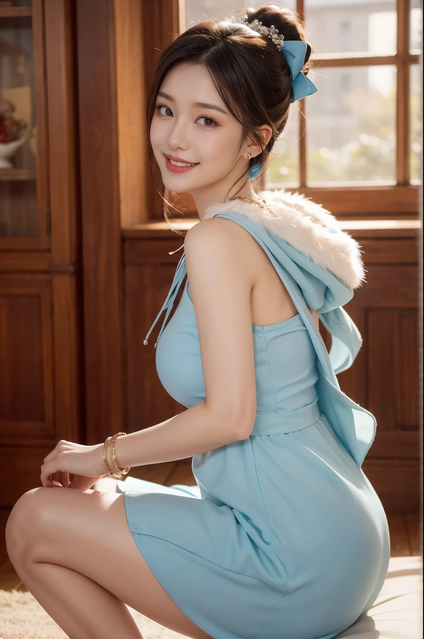 8k, masterpiece, RAW photo, best quality, photorealistic, extremely detailed CG unity 8k wallpaper, Depth of field, Cinematic Light, Lens Flare, Ray tracing, (extremely beautiful face, beautiful lips, beautiful eyes), intricate detail face, ((ultra detailed skin)) , pretty asian girl, ((looking at viewer)),(big smile), (blurry background), midnight, (pretty girl), earrings, bracelets, necklace, clear eyes, (pale skin), face forward, (big eyes), (looking at viewer), large breasts ,((smile)), blue eyes, sparkling dress, open breast, veranda, very slim, (medium butt), see through dress, thick thighs, open breast
1 girl,hoody,fur cape,Blue hair,ssmile,ta costume,Extra-long hair,Red bow hair ornament,Squat and sit,The content is very detailed,center frame,Focus sharp,城市,natta,Snow resort,Blizzarding,luring,8K,tmasterpiece,winning artwork,