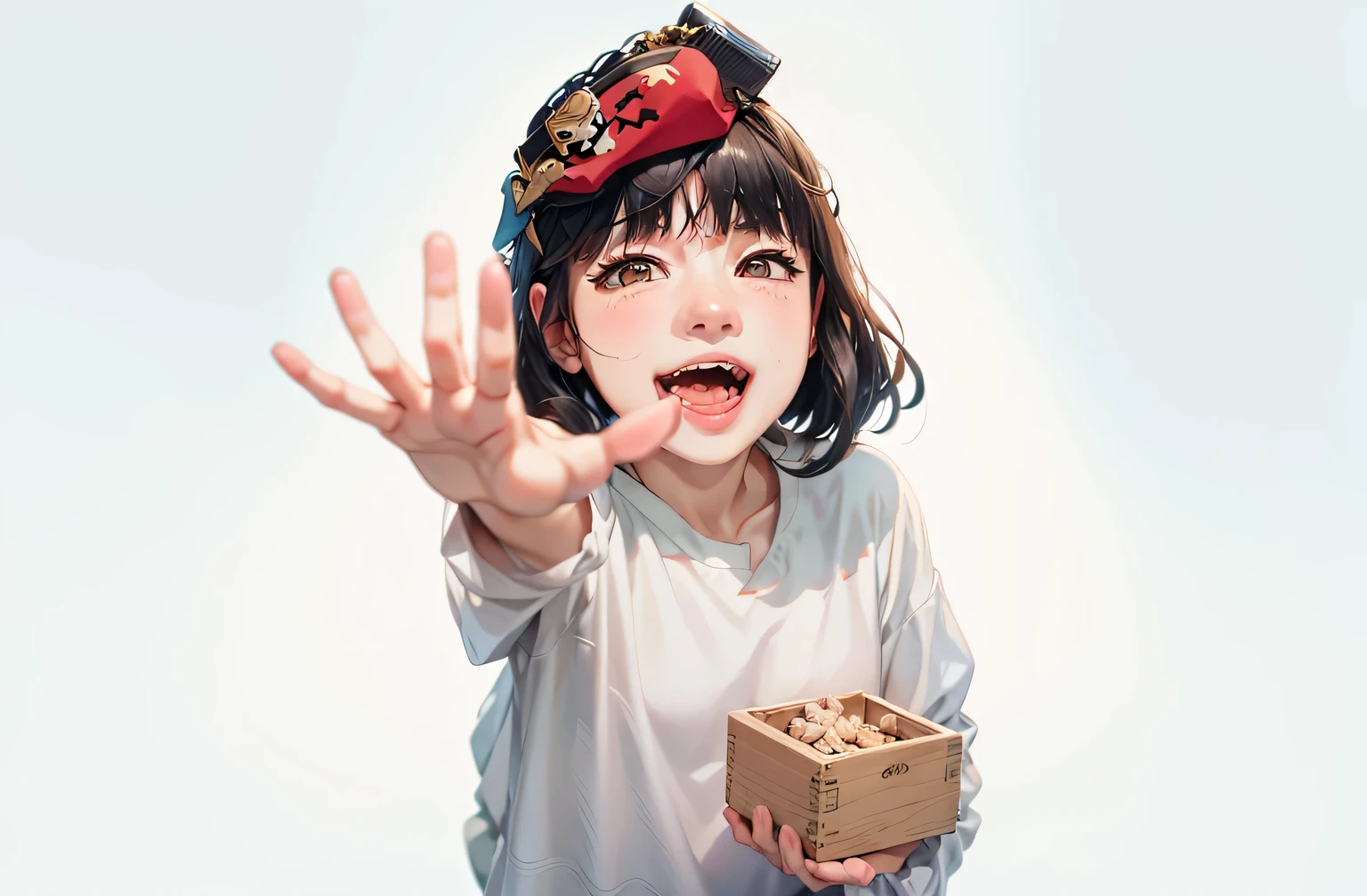 there is a young girl holding a box and wearing a pirate hat, of a youthful Japanese girl, portrait of a Japanese girl, portrait of a Japanese teen, girl with warship parts, young asian girl, asian girl, of a youthful Japanese beauty, girl, , Ethnicity : Japanese, cute young girl, girl with a birdcage on her head, with your index finger