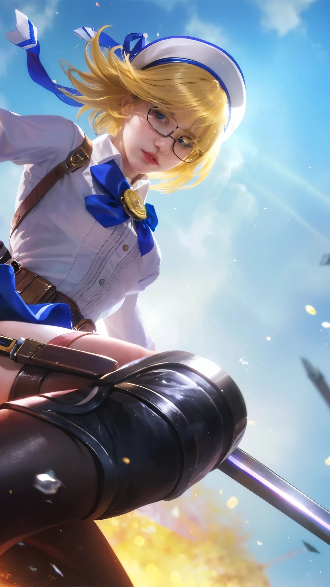 (8k, best quality, masterpiece:1.2), (realistic, photo-realistic:1.37), ultra-detailed, detail fingers, realistic fingers, realistic hand, A detailed portrait of 1 girl 21 year old, e girl, cool outfits, eyes looking at the camera, holding sword, pale skin, perfect body, blue eyes, blond hair. The scene is illuminated with professional lighting, photon mapping, and radiosity, with Tetsuya Nomura Style. Blur bokeh effect, realistic light, glasses.