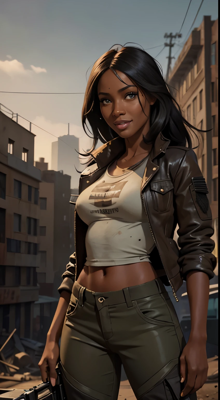 Foto hiperrealista en primer plano de Naomi Campbell, Wear dirty post Apocalyptic outfit (Jacket, T-shirt, tactical pants), Create dystopian masterpieces. Depict the cityscape in the gritty style of the game's concept art. post-apocalyptic world. Notice the intricacies of detail, the sharp focus.beautiful woman, skinny, medium breasts, black long hair, detailed face, smile, facing the camera, photo taken from a distance, age of 18 years old