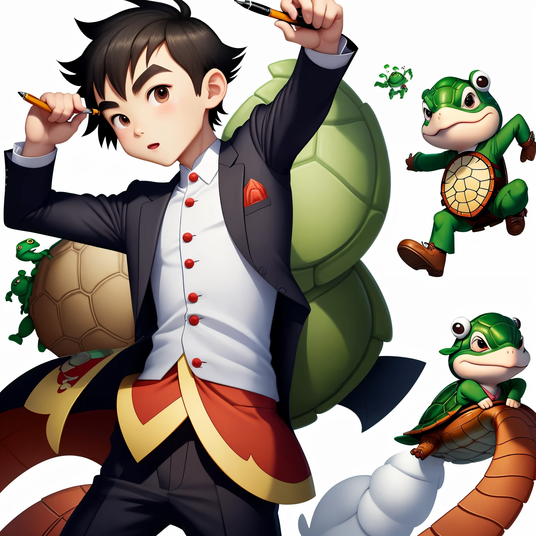 Cartoon character IP, wearing a Chinese suit, holding a pen, a turtle boy, a pure white background