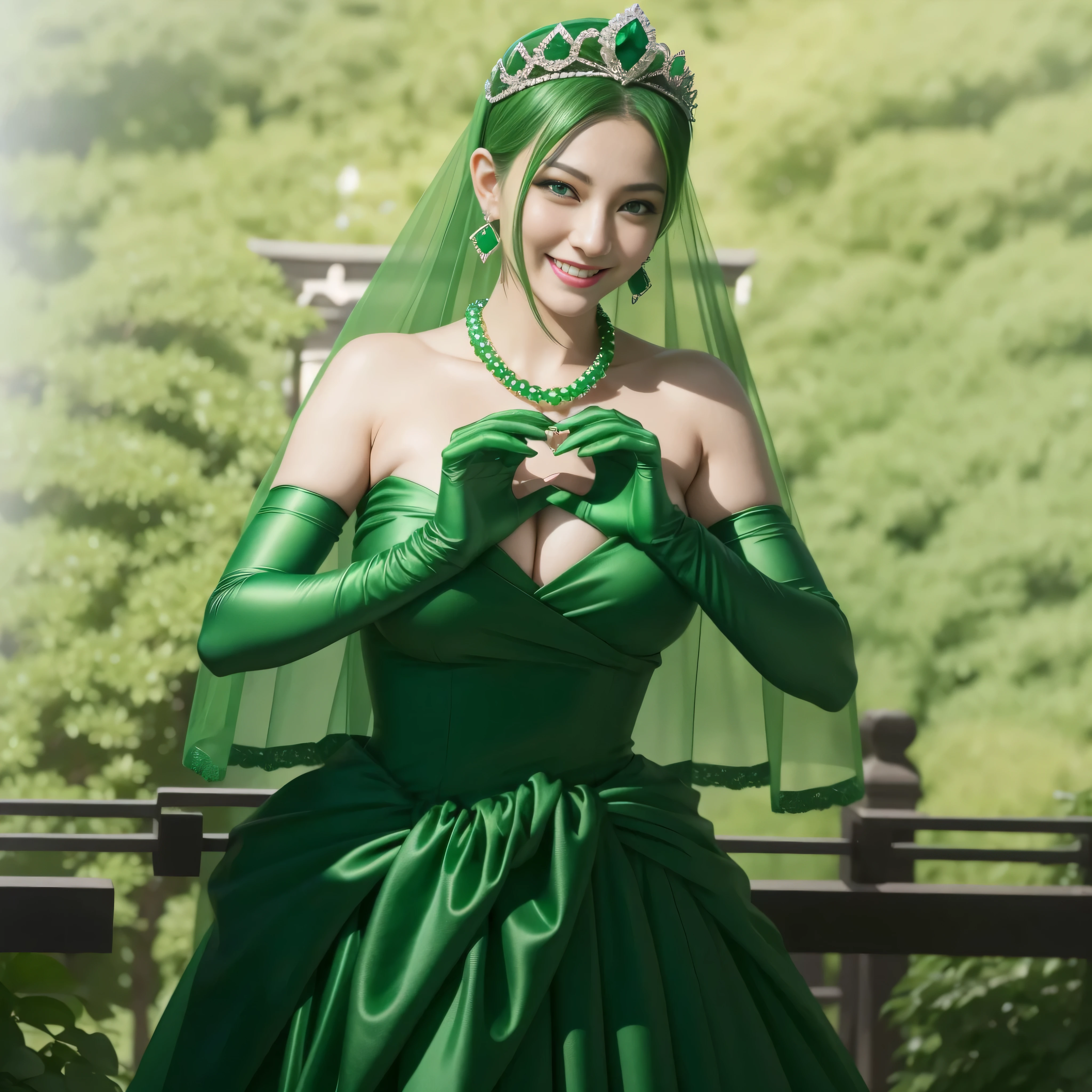 emerald tiara, green pearl necklace, ボーイッシュな非常に短いgreen hair, lipstick, smiling Japanese woman, very short hair, Beauty with large breasts, green eyes, Long Green Satin Gloves, green eyes, emerald earrings, green veil, Double heart hands:1.3 , green hair