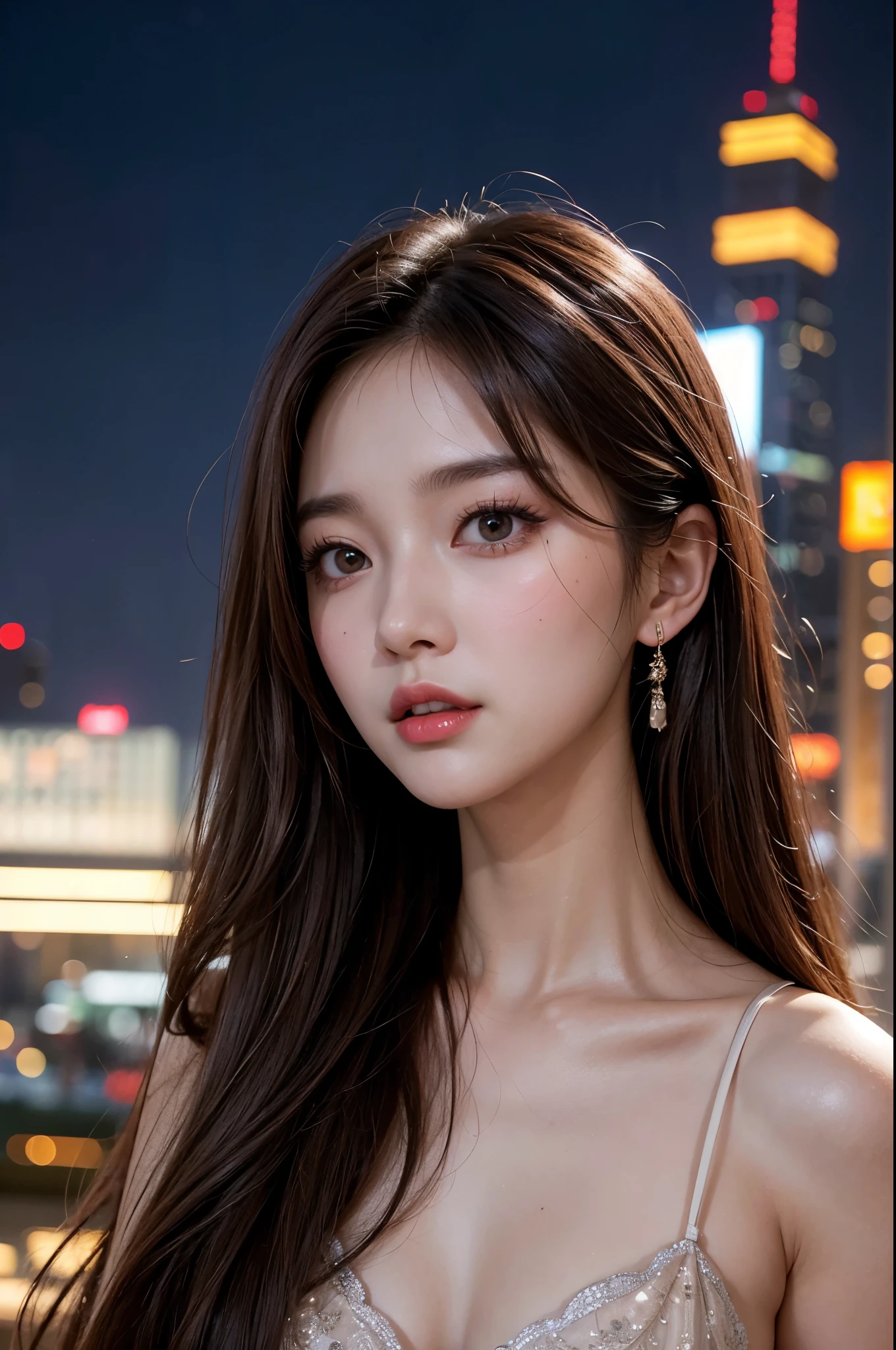 ((muste piece)), ((best quality)), (Super detailed), model-like face、Brown long hair、Korean beauty、Photographic、Branded Dresses、Beautiful woman、Night view with skyscrapers、Hostess、sweat, blush, narrow eyes, open mouth、Longyi