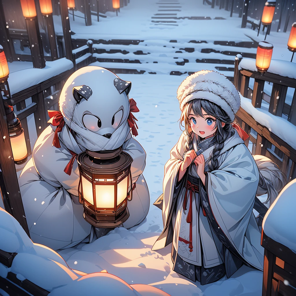 (a snow lantern girl:1.4), masterpiece, high-quality, high-definition, high-resolution, anime style, warm color palette, (Angle looking down from diagonally above, top view), full body, emitting cold air, delivery person, bright lighting, freezing surroundings, (a japanese girl is holding a large snow lantern in her hand, emitting cold air pose, (Cold air is leaking from the snow lantern):1.4), calm and serious facial features, tense expression, hooded hairstyle, black hair color, (wears warm winter kimono), slightly open mouth, deep blue eyes, translucent skin texture, exposed face and hands, average bust size, medium build, (carrying a frozen snow lantern), sturdy winter boots, fashionable embroidery, frozen small animals around, snow frozen doorstep, snow winter landscape, swirling ice crystals, recipient's home structure, snowy elements, cold winter with snow weather, daytime, freezing atmosphere, (Background is richly drawn and delicate),
