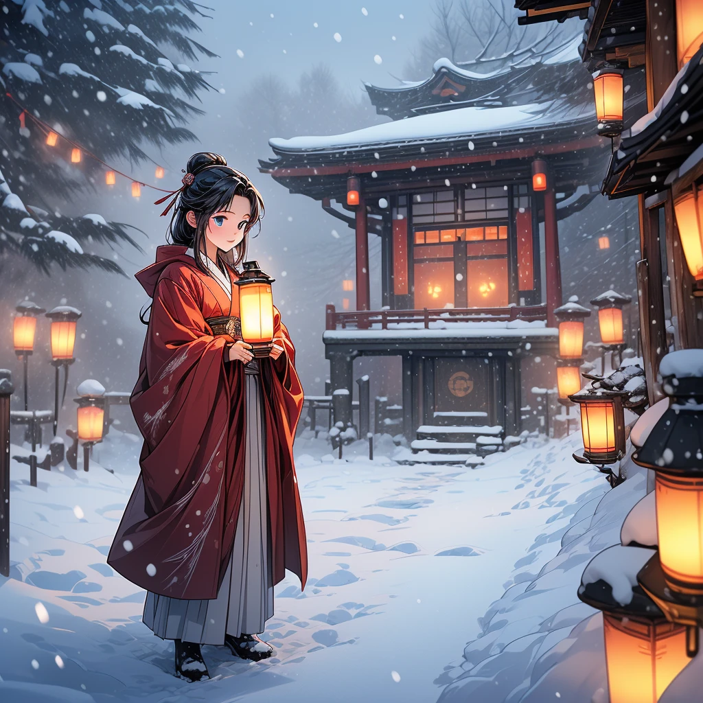 (a snow lantern girl:1.4), masterpiece, high-quality, high-definition, high-resolution, anime style, warm color palette, (Angle looking down from diagonally above, top view), full body, emitting cold air, delivery person, bright lighting, freezing surroundings, (a japanese girl is holding a large snow lantern in her hand, emitting cold air pose, (Cold air is leaking from the snow lantern):1.4), calm and serious facial features, tense expression, hooded hairstyle, black hair color, (wears warm winter kimono), slightly open mouth, deep blue eyes, translucent skin texture, exposed face and hands, average bust size, medium build, (carrying a frozen snow lantern), sturdy winter boots, fashionable embroidery, frozen small animals around, snow frozen doorstep, snow winter landscape, swirling ice crystals, recipient's home structure, snowy elements, cold winter with snow weather, daytime, freezing atmosphere, (Background is richly drawn and delicate),