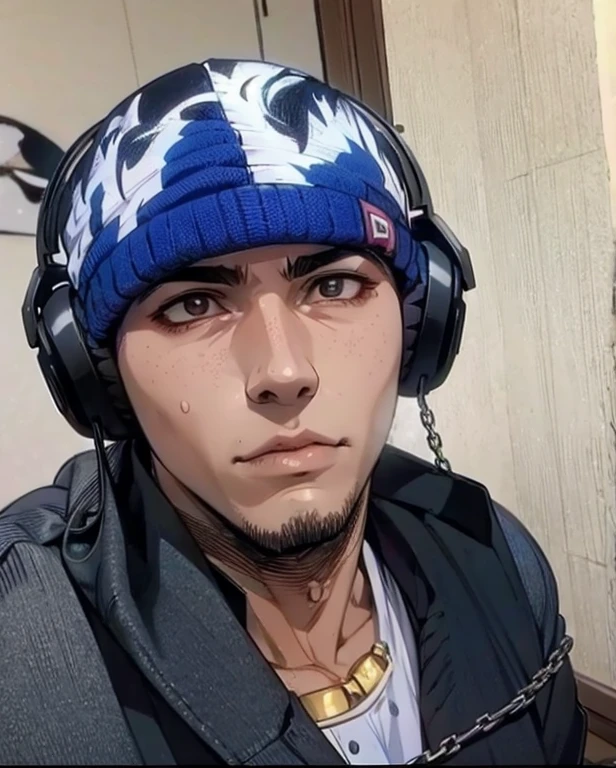 crie um personagem de anime, drawn like manga, desenhado igual anime, garoto, negro, expression of boredom, com gorro preto, touca de chamas azuis e brancas, headphone headset, fone de ouvido grande, casaco preto com gorro, metal chain around neck, corrente grande de metal, metal chain around neck