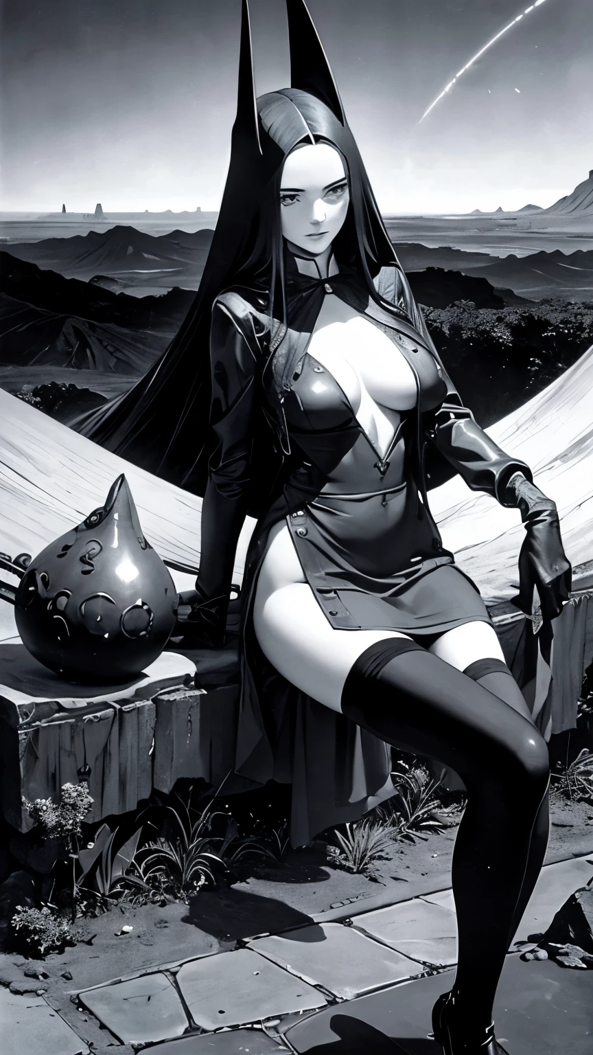 Leonora Carrington, Wally Wood, Surreal, mysterious, strange, fantastical, fantasy, Sci-fi, Japanese anime, landscape of the four elements, beautiful girl in miniskirt, perfect voluminous body, detailed masterpiece