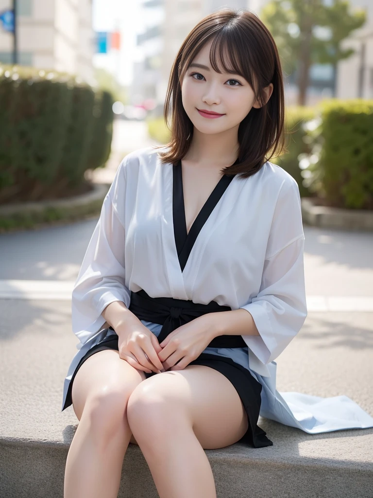 NFSW,In 8K,highest quality:1.4, Super high resolution:1.5, (realistic:1.4),masterpiece:1.2,(highest quality:1.4)、 RAW photo、 (background is blurry), 1 japanese girl, cute, (alone:1.4), (shy smile), smooth skin、 short hair,supple fingertips,beautiful black eyes、dual、natural skin texture:1.3, Realistic eye and face details:1.7、medium breasts、daytime、tight buttocks:1.5、look at the viewer,(fine eyes:1.1)、cute、beautiful legs、I can see my thighs、I can see your chest