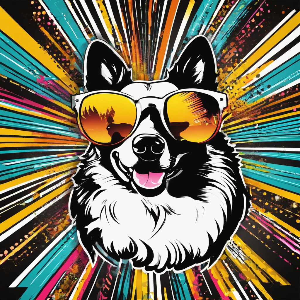 Retro vector t-shirt logo design with corgi dog , Wearing sunglasses that reflect the saddle dome,, black background, sun in image background,